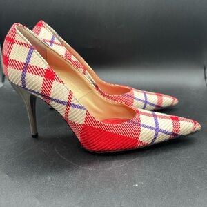 Versace Plaid Check Fabric Pointed Toe Pumps Size 37.5 Metallic Heel Italy
